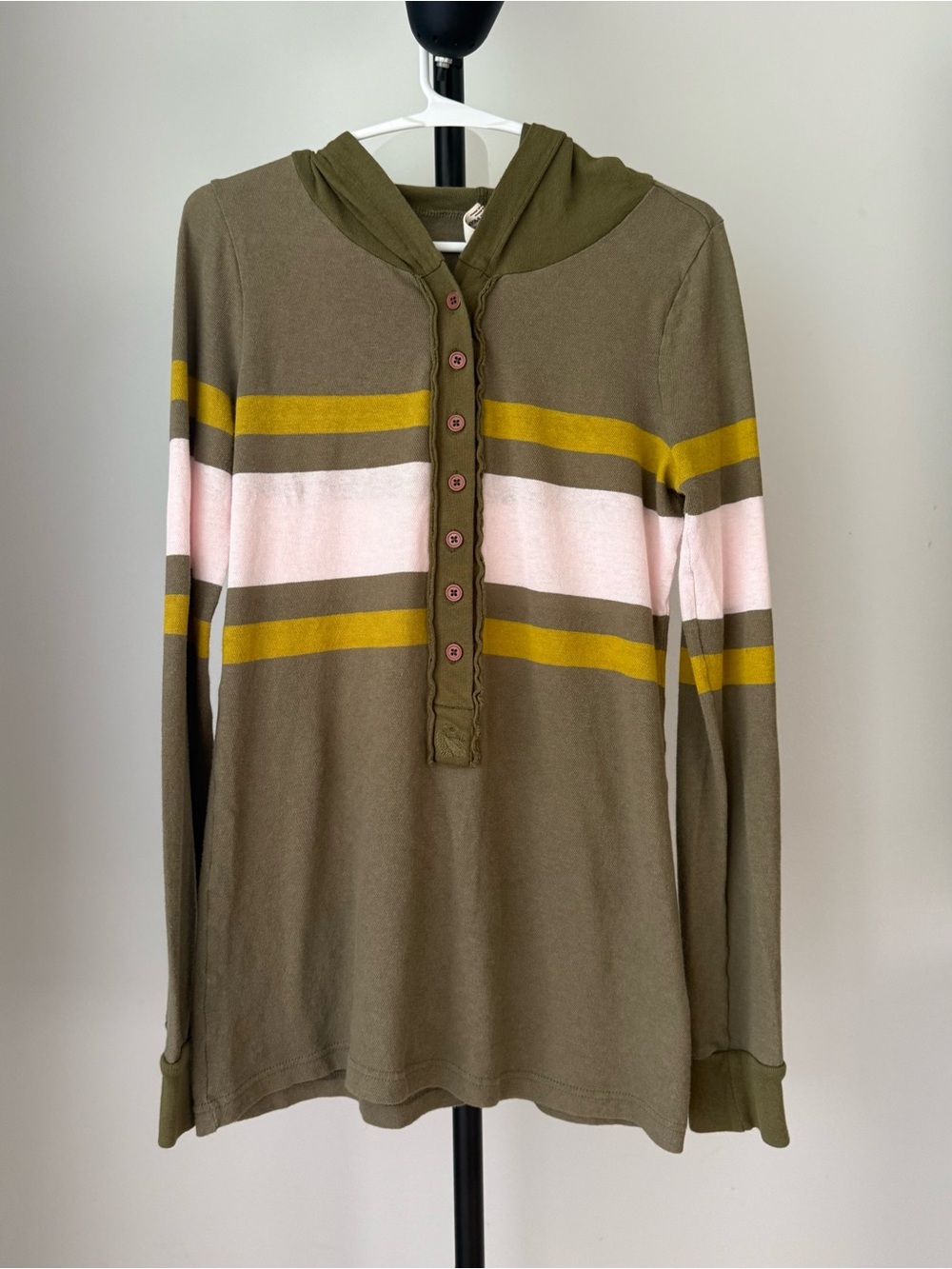 Free People Women’s M Hooded Top Olive Green Pink Yellow Striped Cotton